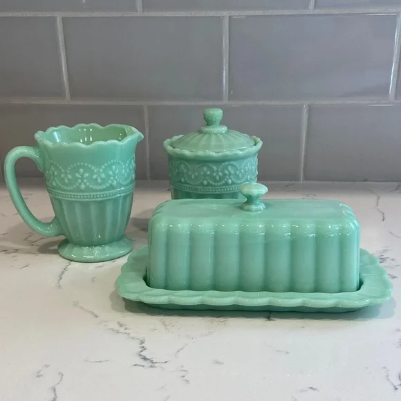 Pioneer Woman Mint Green Glass Butter Dish Creamer Sugar Set - Picture 2 of 16